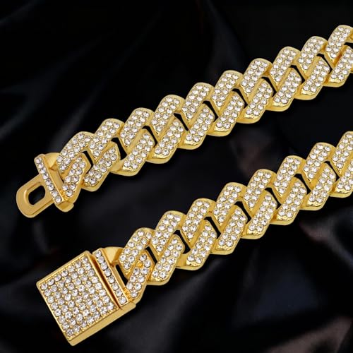 Mens Cuban Link Chain Iced Out Miami Cuban Necklace/Bracelet |14mm Silver & Gold Plated Chains | Bling Diamond Hip Hop Jewelry For Men Women - color: Yellow Gold, size: 16 inches
