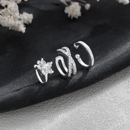 14K Gold Plated Ear Cuff Earrings for Women, Dainty Ear Cuffs Clip on Earrings Non Piercing Trendy Cubic Zirconia Cartilage Hoop Earring Fashion Jewelry Sets for Women - color: Silver 5 Flower