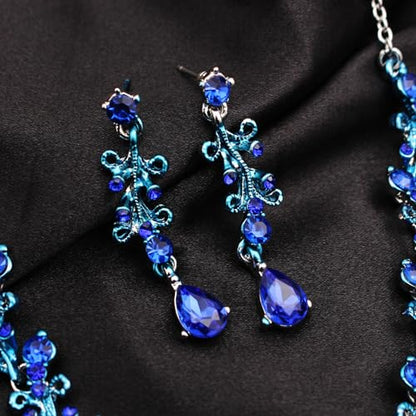 3Pcs Austrian Crystal Jewelry Set for Women, Necklace Dangle Earrings Link Bracelet Jewelry Set with Gold/Platinum/Gun Plated, Wedding Party Jewelry for Bridal Bridesmaid - color: Deep Blue-Platinum Plated