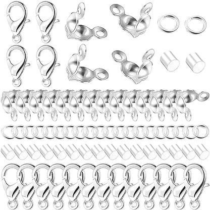 1200 Pcs Jewelry Making Accessories Set with 100 Pieces Lobster Claw Clasp 300 Pieces Bead Tips Knot Covers 400 Pieces Crimp Tube Beads and 400 Pcs Open Jump Ring Connectors for DIY Jewelry (Silver)