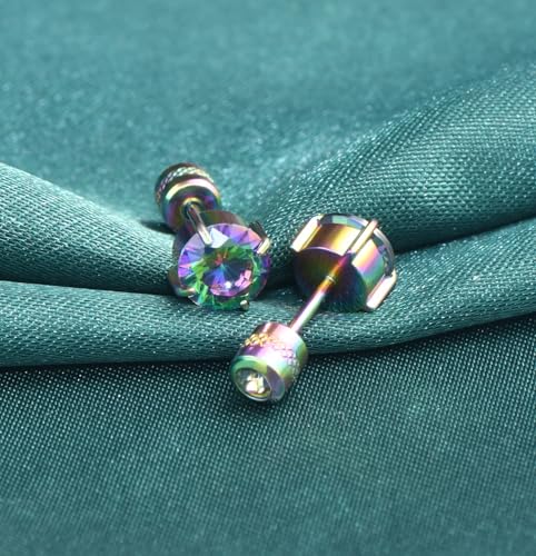 Titanium Flat Back Surgical Stainless Steel Stud Earrings for Women Men,Birthstone Stud Earrings Hypoallergenic Double Side 5A Cubic Zirconia Studs Jewelry 6mm - color: Colorful-Rainbow CZ