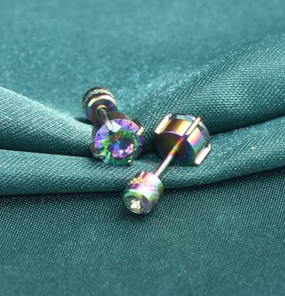 Titanium Flat Back Surgical Stainless Steel Stud Earrings for Women Men,Birthstone Stud Earrings Hypoallergenic Double Side 5A Cubic Zirconia Studs Jewelry 6mm - color: Colorful-Rainbow CZ