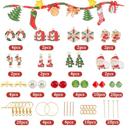 SUNNYCLUE 1 Box 10 Sets Christmas Earring Making Kit Gold Drop Dangle Earrings Christams Charm Enamel Snowflake Christmas Charms Glass Beads for Jewelry Making Kits Adult Women DIY Crafts Supplies - color: 1.2-diy-10 Pairs Christmas Enamel Earrings