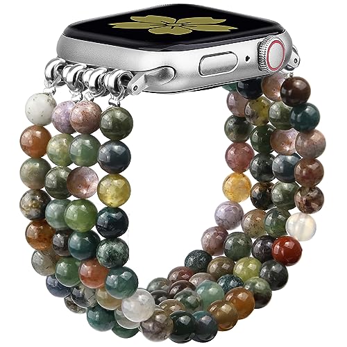 Newlibery Natural Stone Bracelet Beaded-Bands Women Compatible with Apple Watch 38mm 40mm 41mm 42mm (S10/11) Feminine Cute Handmade Stretch Strap for iWatch Series 11/10/9/8/7/6/5/4/3/2/1 SE 3/2/1 - color: A1 Indian Agate, size: 38/40/41/42mm(s10/11)