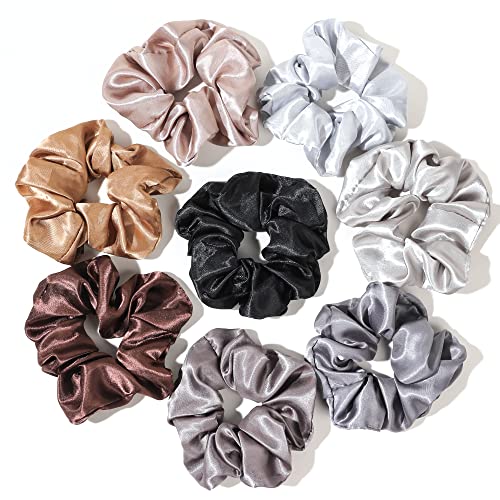 Satin Silk Scrunchies: Big Hair Ties for Women, Girls' Ponytail Holders for Thick, Curly Hair - Cute Pony Tails - color: Bown Gray