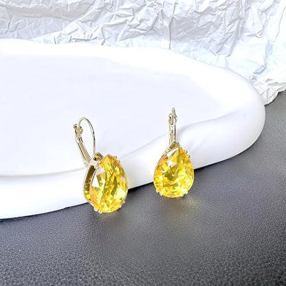 14K Gold Teardrop Crystal Leverback Earrings Sparkly Rhinestone Water Droplet Dangle Drop Earrings For Women - color: Yellow