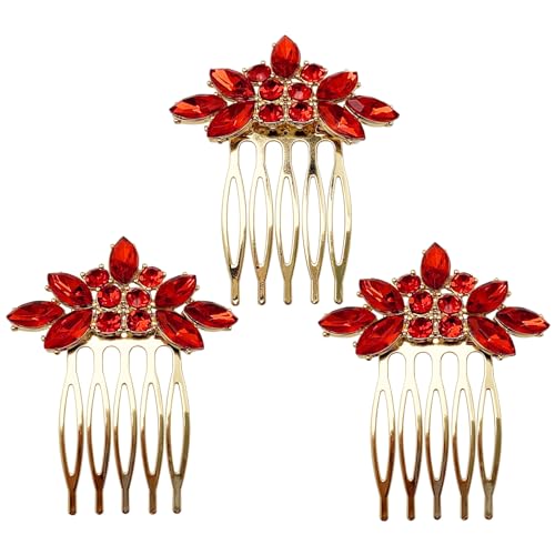 Bridal Crystal Hair Piece with Comb 3 Pieces Small Rhinestone Wedding Gold Hair Pins Accessories for Women Girls (Red) - color: Red
