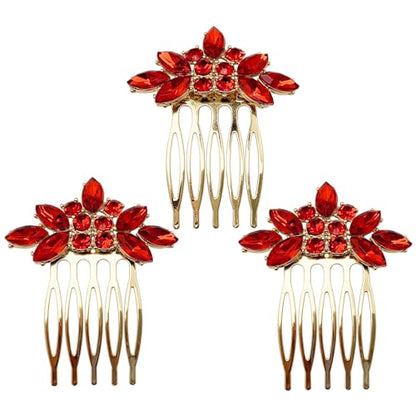 Bridal Crystal Hair Piece with Comb 3 Pieces Small Rhinestone Wedding Gold Hair Pins Accessories for Women Girls (Red) - color: Red