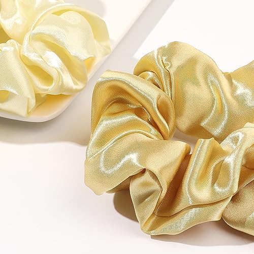 Ivyu Scrunchies for Women's Hair, Satin Hair Ties Bands, 4 Pieces, Big Scrunchies for Thick Curly Hair, Ponytail Holders, Cute Pony Tails, No Crease Hair Ties, No Damage - color: Yellow