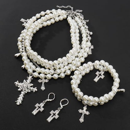 Bocar Gothic Cross Layered Pearl Necklace Chunky Statement Stacked Necklace Y2K Silver Layered Necklace for Women (NK-10769) - color: set
