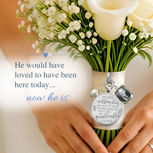 Bouquet Charm On Your Wedding Day Memorial Honoring Mom Dad Grandma Grandpa Meaningful Bridal Floral Jewelry Silver Finish Pendant Bride's Flowers Photo Frames Parent Grandparent - color: White Bead, style: My Granddaughter | 1 Frame