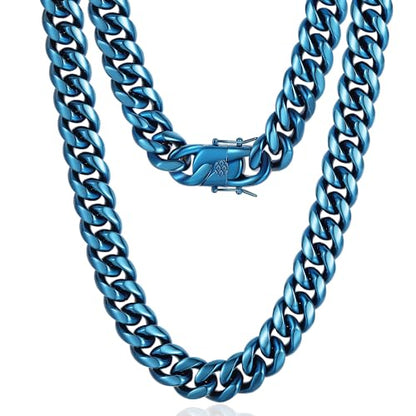 ROWIN&CO Men's Miami Cuban Link Chain 8/12/15mm Stainless Steel Blue Plated Chain Necklace, Hypoallergenic Hip Hop Jewelry, 20-30 Inch, Gift Box