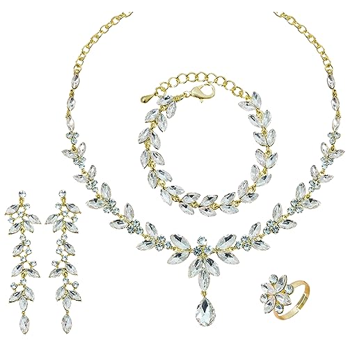 CSY Elegant Bridal Jewelry Sets Wedding Prom Homecoming Gown Accessories | Austrian Marquise Crystal Wedding Necklace Dangle Earrings Tennis Bracelet Ring Set for Bride Women Costume Accessories - color: white crystal-gold tone