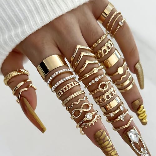 Gold Rings for Women Non Tarnish Stackable Rhinestone Moon Star Rings Dainty Stacking Pearl Butterfly Midi Pinky Thumb Joint Finger Knuckle Ring Set Gold Non Tarnish Jewelry Gifts Trendy Stuff - color: A Gold Stackable Rings 30Pcs