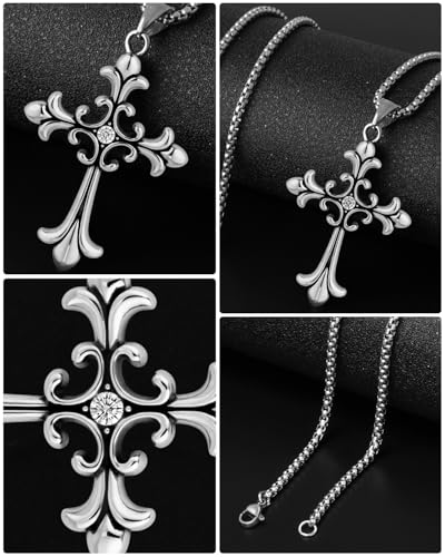 Stainless Steel Gothic Y2K Punk Rock Emo Biker Pendant Necklace | Cosplay Vintage Viking Alt Edgy Fashion Charm Necklace Jewelry for Men Women Active Daily Wear - style: Fleur de Lis Rhinestones Cross