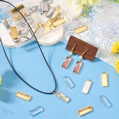 Craftdady Stainless Steel Pendant Cabochon Settings Heart Square Teardrop Flat Round Oval Rectangle Blank Bezel Trays Base Pendant with Glass Cabochons for DIY Earrings Necklace Jewelry - color: Golden & Stainless Steel Color Rectangle
