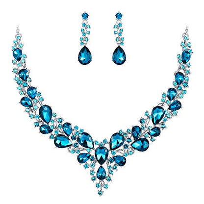 Women's Wedding Statement Necklace Dangle Earring Jewelry | Austrian Crystal Teardrop Cluster,Necklaces Earrings Set for Bride Bridesmaid,Prom Accessories - color: 17-Sky Blue Silver-Tone