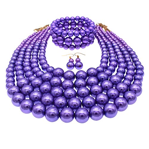 JNF Large Faux Pearl Necklaces for Women Multi strand Pearl Necklace Bracelet and Earrings Set 1920s Costume Pearls Necklace Jewelry Accessories - color: Purple