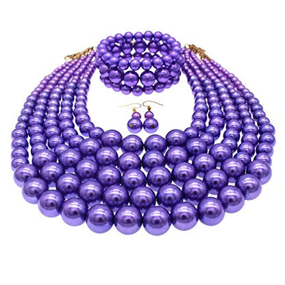 JNF Large Faux Pearl Necklaces for Women Multi strand Pearl Necklace Bracelet and Earrings Set 1920s Costume Pearls Necklace Jewelry Accessories - color: Purple