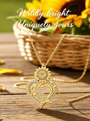 14K Gold Sunflower Initial Necklaces for Women | Heart Letter Pendant You Are My Sunshine Jewelry Gifts - style: E