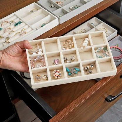2Pcs 5 x 8.3 Inch Stackable Jewelry Trays Earring Holder Organizer Antique White 15 Grids Velvet Dresser Jewelry Drawer with Removable Divider for Bracelet Ring Watch Trinket Display Showcase - style: White 15 Grids