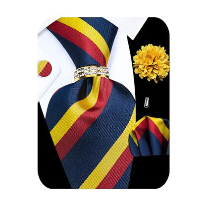 5PCS Mens Silk Tie, Pocket Square, Cufflinks, Drilled Tie Ring and Lapel Pin Set for Wedding Groom Party - color: Yellow Red Tie Set -269