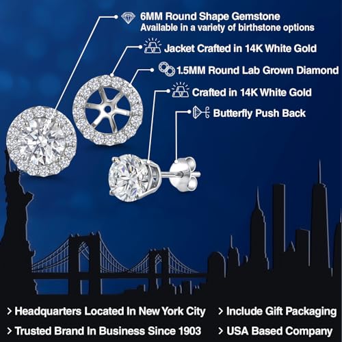 Gem Stone King 14K White Gold 6MM Round Gemstone Birthstone Stud Earrings with Removable Jackets and Lab Grown Diamond Accents | Gold Earrings For Women | Fine Jewelry Gift for Her Mom Women Wife - color: White Lab Grown Diamond-April
