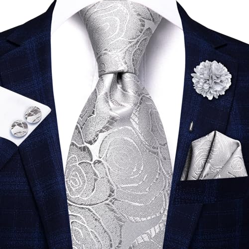 Hi-Tie Men's Silk Ties Formal Woven Classic Necktie Pocket Square Cufflinks Lapel Pin Set Wedding Business - color: A Silver