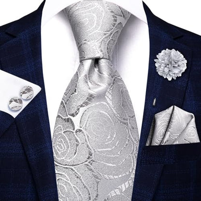 Hi-Tie Men's Silk Ties Formal Woven Classic Necktie Pocket Square Cufflinks Lapel Pin Set Wedding Business - color: A Silver