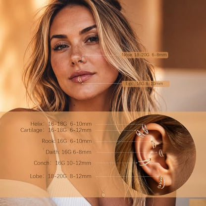 AROWRO Conch Piercing Jewelry Nose Rings Hoops Septum Cartilage Helix Rook | Surgical Steel Gold Silver Cartilage Earrings for Women Tragus Helix Piercing Jewelry 16G 18G 20G With Cubic Zirconia Opal - color: Gold-D1 Clear CZ, size: 20G(0.8mm)-8mm