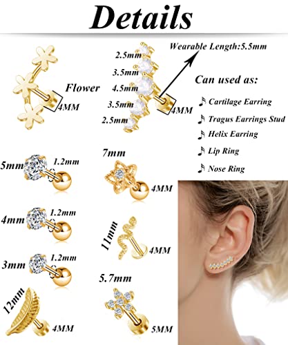 Tornito 9-30Pcs Cartilage CZ Stud Earrings Conch Forward Helix Tragus Daith Piercing Lip Rings Snake Heart Butterfly Jewelry for Women Men 16G Silver Gold Tone - color: E:Gold Tone