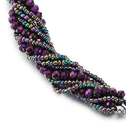 COOLSTEELANDBEYOND Multi-Layer Beads Crystal Braided Chain Choker Collar Magnetic Clasp,Statement Necklace, Bracelet - color: S-Necklace Dark Purple Color