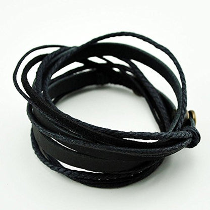 Genuine Leather Bracelet for Women & Men,Unisex Multilayer Leather Adjustable Bracelet Cuff Wrap Multicolor Rope Wristband