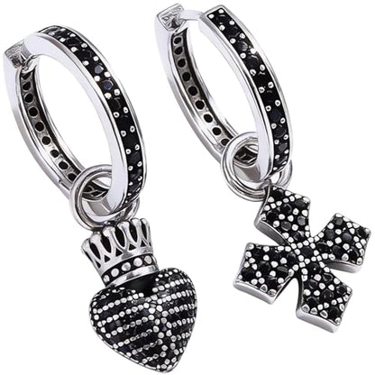 925 Silver Dangle Earrings for Women Sparkly Trendy Dainty Cute Crown Heart Cross CZ Drop Earring Fun Bling Asymmetrical 2000s Y2k Fashion Huggie Hoops Dangling Streetwear Jewelry Accessories - color: Bk