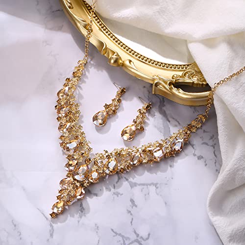 Wedding Bridal Necklace Earrings Jewelry Set for Women | Gorgeous Austrian Crystal Teardrop Flower Cluster for Bridal Bride Bridesmaid - color: 2Pcs-Champagne Gold-Tone