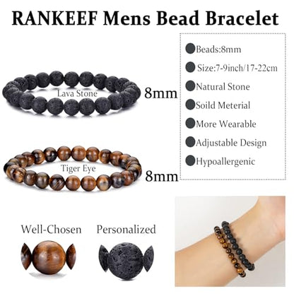 Mens Bead Bracelet Set - Adjustable Elastic Rope With 6&8MM Natural Stone Multi-Colored Beads - Tiger Eye Bracelets for Men - Gift - style: 2,Tiger eye,Lava beads
