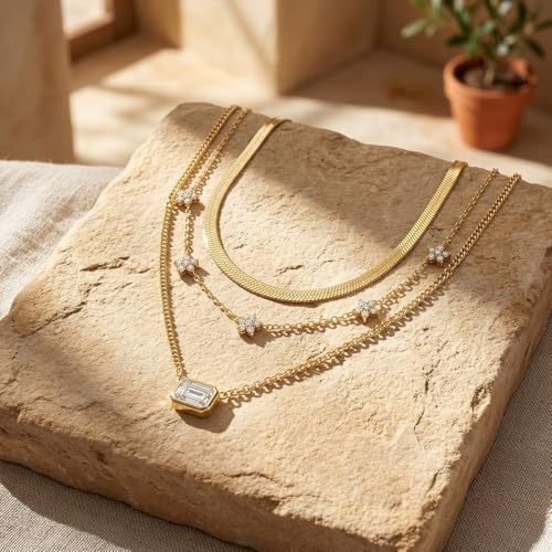 Coolkin 3 PCS Women Gifts Layered Gold Necklace for Women,14K Gold Plated Dainty CZ Pendant Layering Gold Necklaces Set Chain Choker Cubic Zirconia Necklace Trendy Jewelry Gifts - style: Rectangle CZ