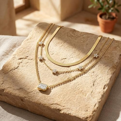 Coolkin 3 PCS Women Gifts Layered Gold Necklace for Women,14K Gold Plated Dainty CZ Pendant Layering Gold Necklaces Set Chain Choker Cubic Zirconia Necklace Trendy Jewelry Gifts - style: Rectangle CZ