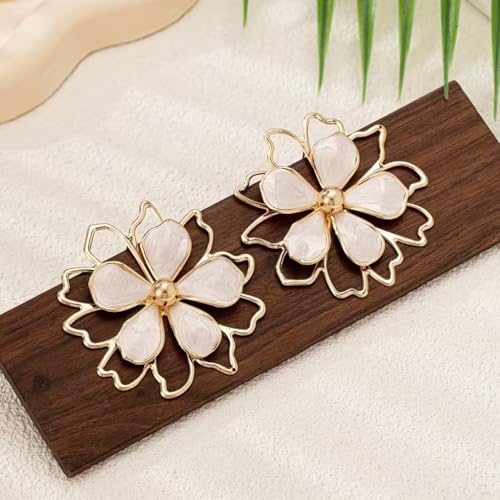 Gold Flower Jewelry Set For Women, 5 Pcs Chunky Golden Floral Pendant Necklace Bracelet Earrings Ring Set Statement Flower Jewelry Gifts For Beach Wedding - color: 5pcs-White