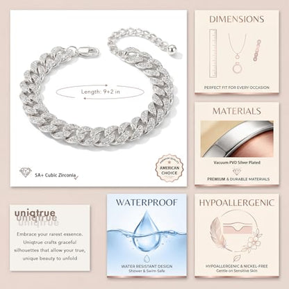 Width-12mm Chunky Cuban Link Ankle Bracelets for Women Waterproof, 18K Gold/Silver Plated Anklets Cubic Zirconia Adjustable Thick Chain Trendy Beach Summer Fashion Jewelry Gift - style: Style 2-Silver