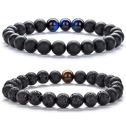 Men Women 8mm Tiger Eye Stone Beads Bracelet - color: A-2 Pcs Set 3-21003