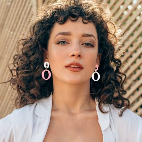Geometric Square Earrings for Women Lightweight Colorful Color Block Acrylic Chunky Geometric Rectangle Oval Link Chain Statement Earring - style: White Pink -O