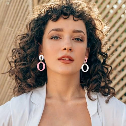 Geometric Square Earrings for Women Lightweight Colorful Color Block Acrylic Chunky Geometric Rectangle Oval Link Chain Statement Earring - style: White Pink -O