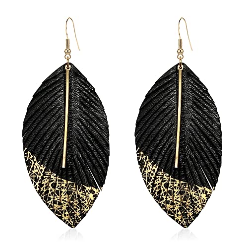 Bohemian Handmade Lightweight Color Large Genuine Soft Leather Fringe Feather Leaf Tear Dangle Drop Earrings for Women Statement - color: 2-Black