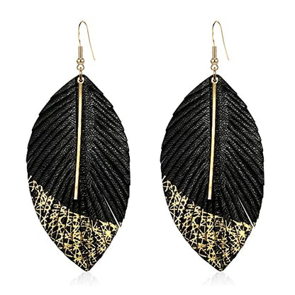 Bohemian Handmade Lightweight Color Large Genuine Soft Leather Fringe Feather Leaf Tear Dangle Drop Earrings for Women Statement - color: 2-Black