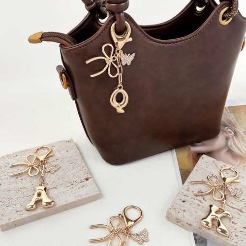 Gold Bubble Heart, Cherry, Bow & More Designs Letter Initial Keychain Bag Charms – Cute Purse Charms for Handbags - color: Bow & Butterfly, style: Q
