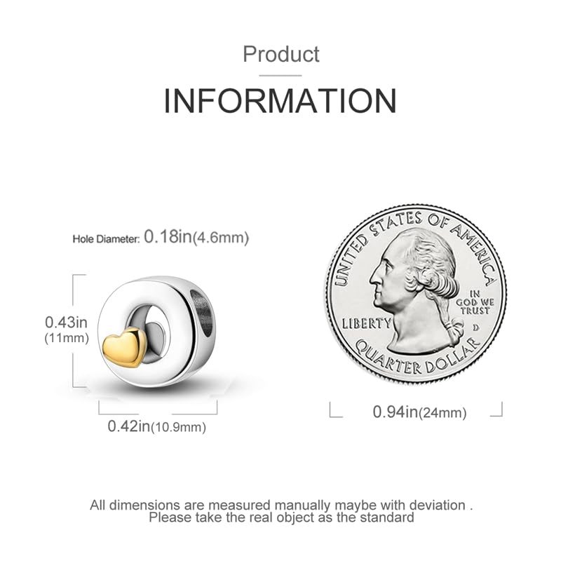 Women 925 Sterling Silver Charms A-Z Heart Letters Beads Pendant for Bracelets Women Fit Pandora Bracelets Hypoallergenic Beads - color: O