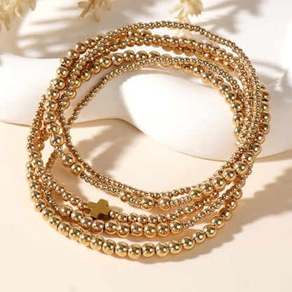 14K Gold Plated Beaded Bracelets Stack Set for Women,Stretch Boho Ball Jewelry Friendship Trendy - color: Gold