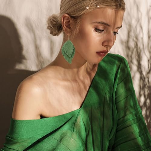 Handmade Bohemian Large Soft Genuine Leather Fringe Double Feather Dangle Drop Earrings Lightweight Simple Color PU Leaf Hook Earrings for Women - color: Dark Green