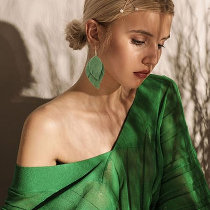 Handmade Bohemian Large Soft Genuine Leather Fringe Double Feather Dangle Drop Earrings Lightweight Simple Color PU Leaf Hook Earrings for Women - color: Dark Green